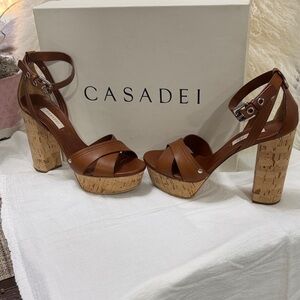 Casadei Brown Leather Cork Platform Sandals with Ankle Strap.